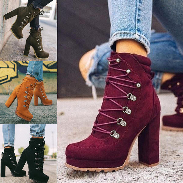 Mid Calf Lace UP High Heels Boots Shoes