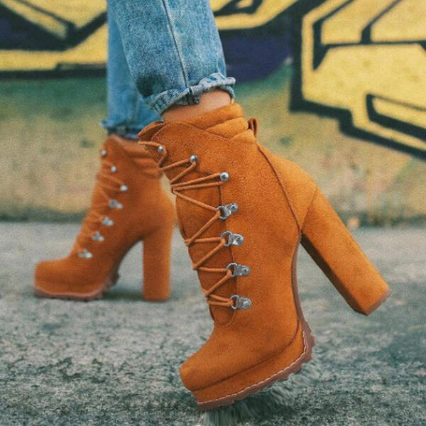 Mid Calf Lace UP High Heels Boots Shoes