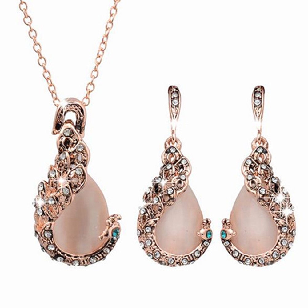 Women Eleg Waterdrop Rhinestone Pendant Necklace Hook Earrings Jewelry Set