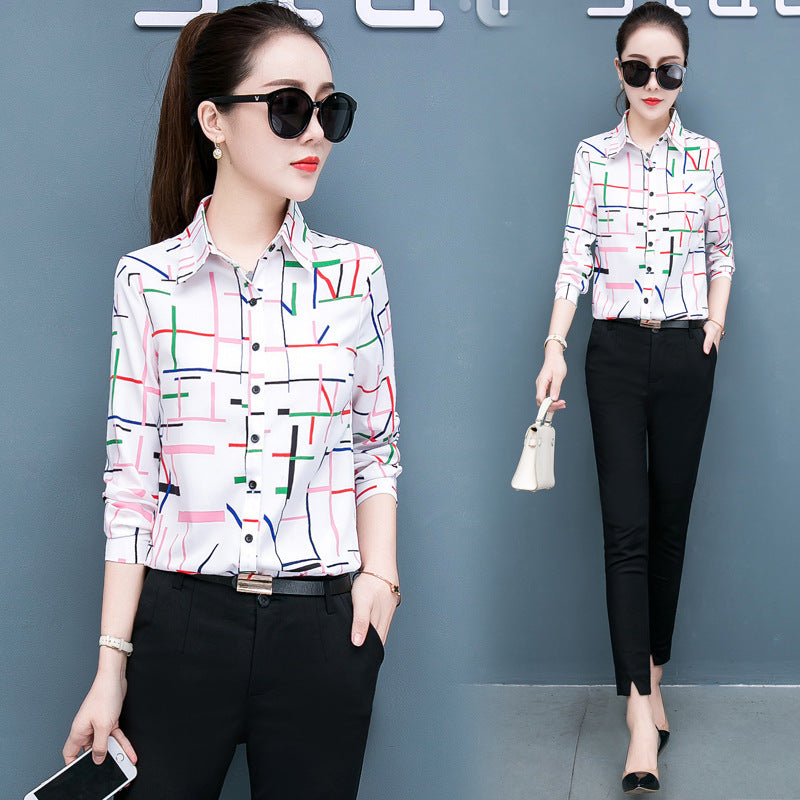 Printed long-sleeved chiffon shirt top