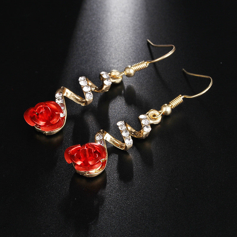 Spiral Dangle Ethnic Red Rose Drop Earrings