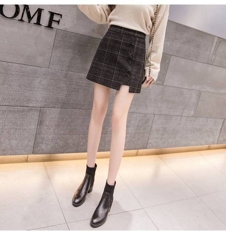 Plaid Skirt Women Irregular Woolen  Short Skirt