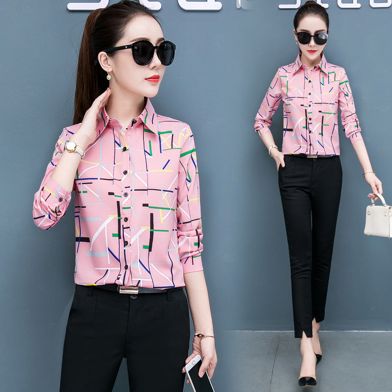 Printed long-sleeved chiffon shirt top