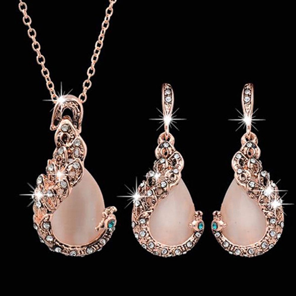 Women Eleg Waterdrop Rhinestone Pendant Necklace Hook Earrings Jewelry Set