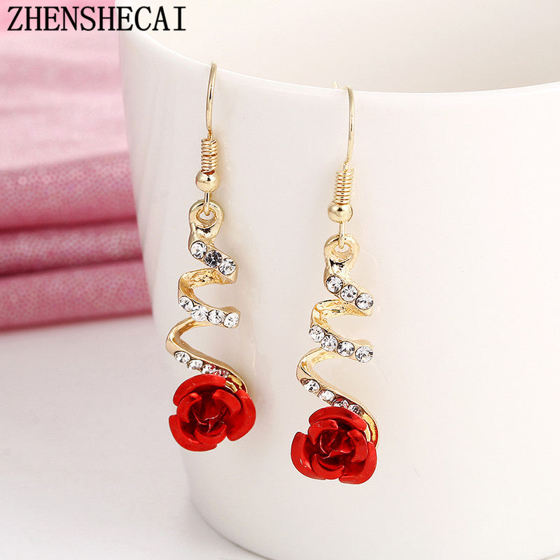 Spiral Dangle Ethnic Red Rose Drop Earrings