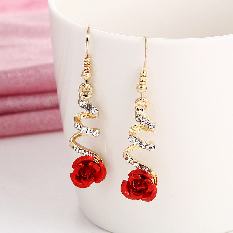 Spiral Dangle Ethnic Red Rose Drop Earrings