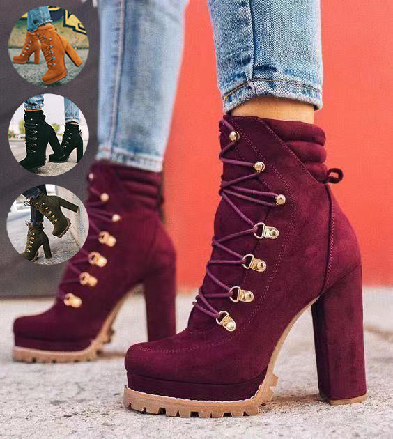 Mid Calf Lace UP High Heels Boots Shoes