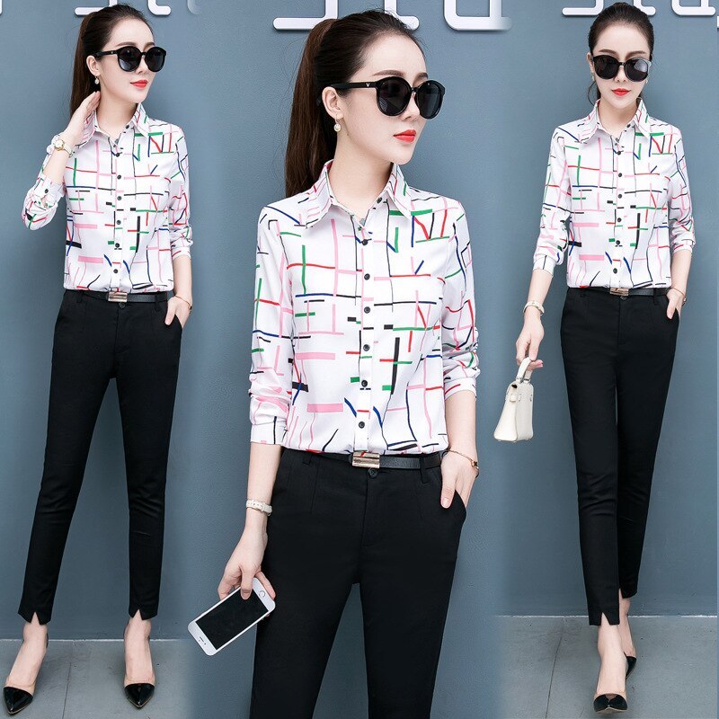 Printed long-sleeved chiffon shirt top