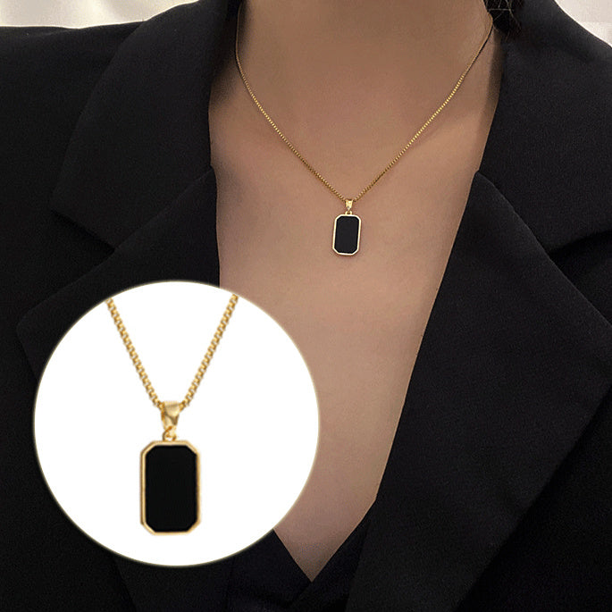 18k Gold Non-fading Fashion Small Black Rectangular Pendant Necklace