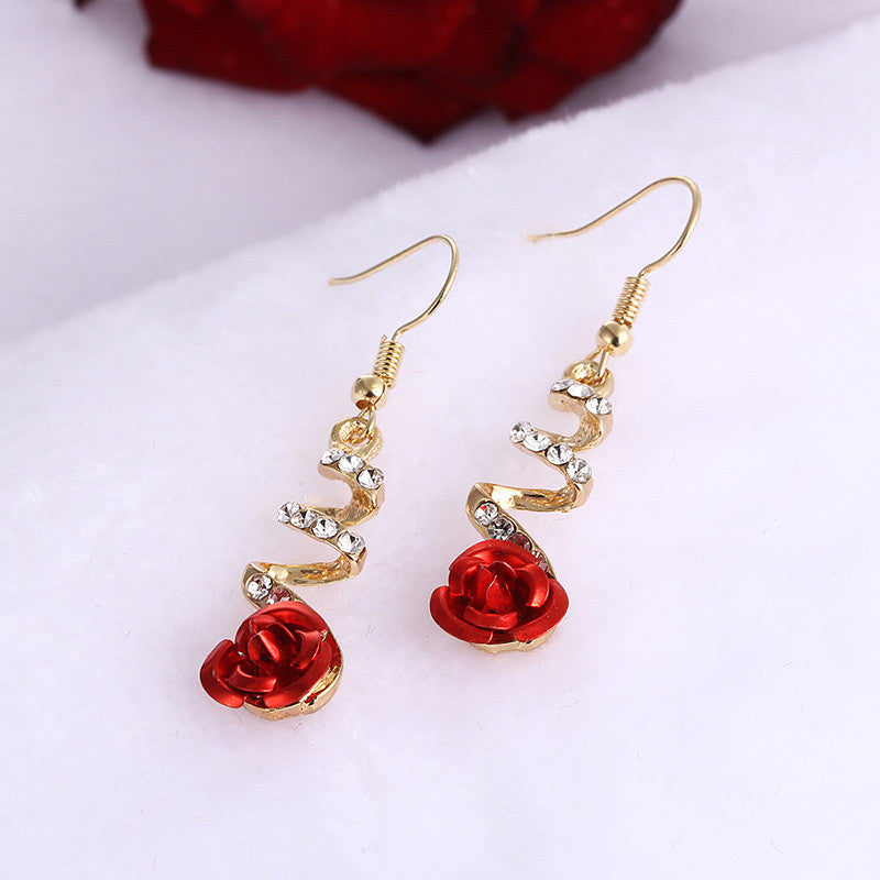 Spiral Dangle Ethnic Red Rose Drop Earrings