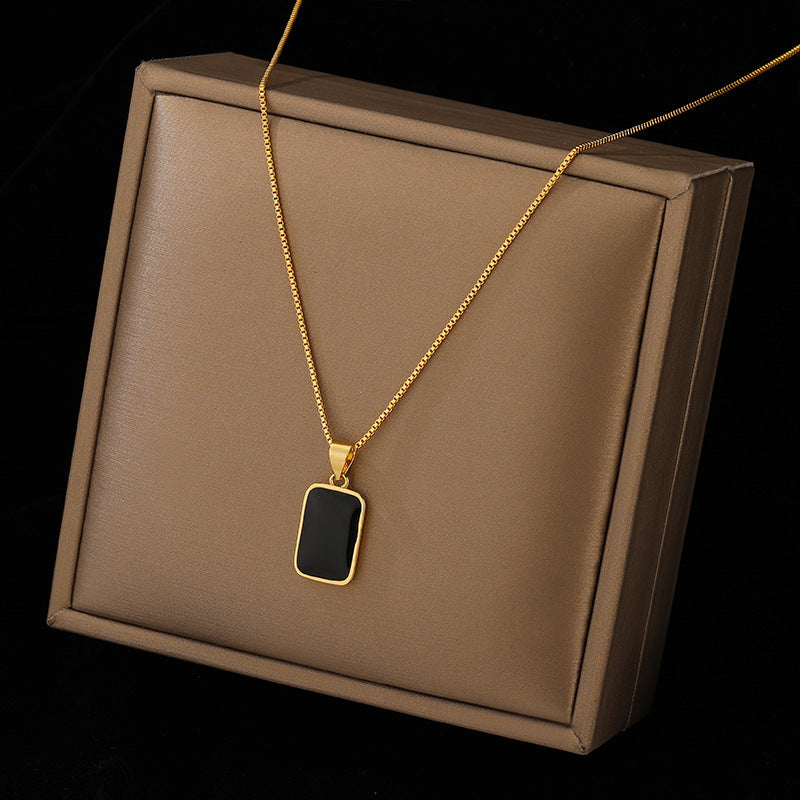 18k Gold Non-fading Fashion Small Black Rectangular Pendant Necklace