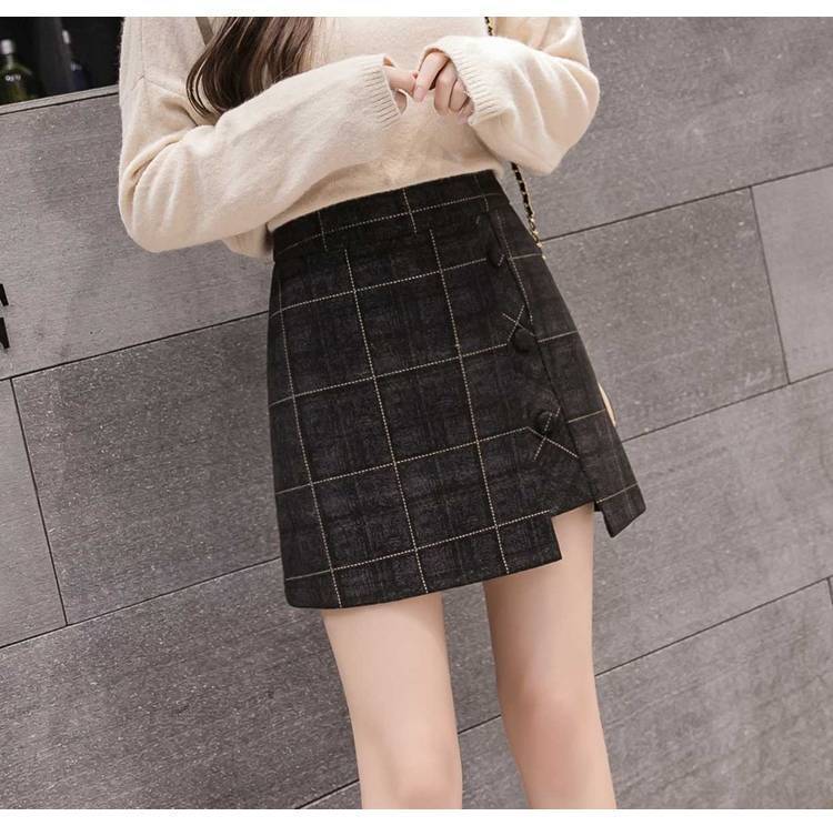 Plaid Skirt Women Irregular Woolen  Short Skirt